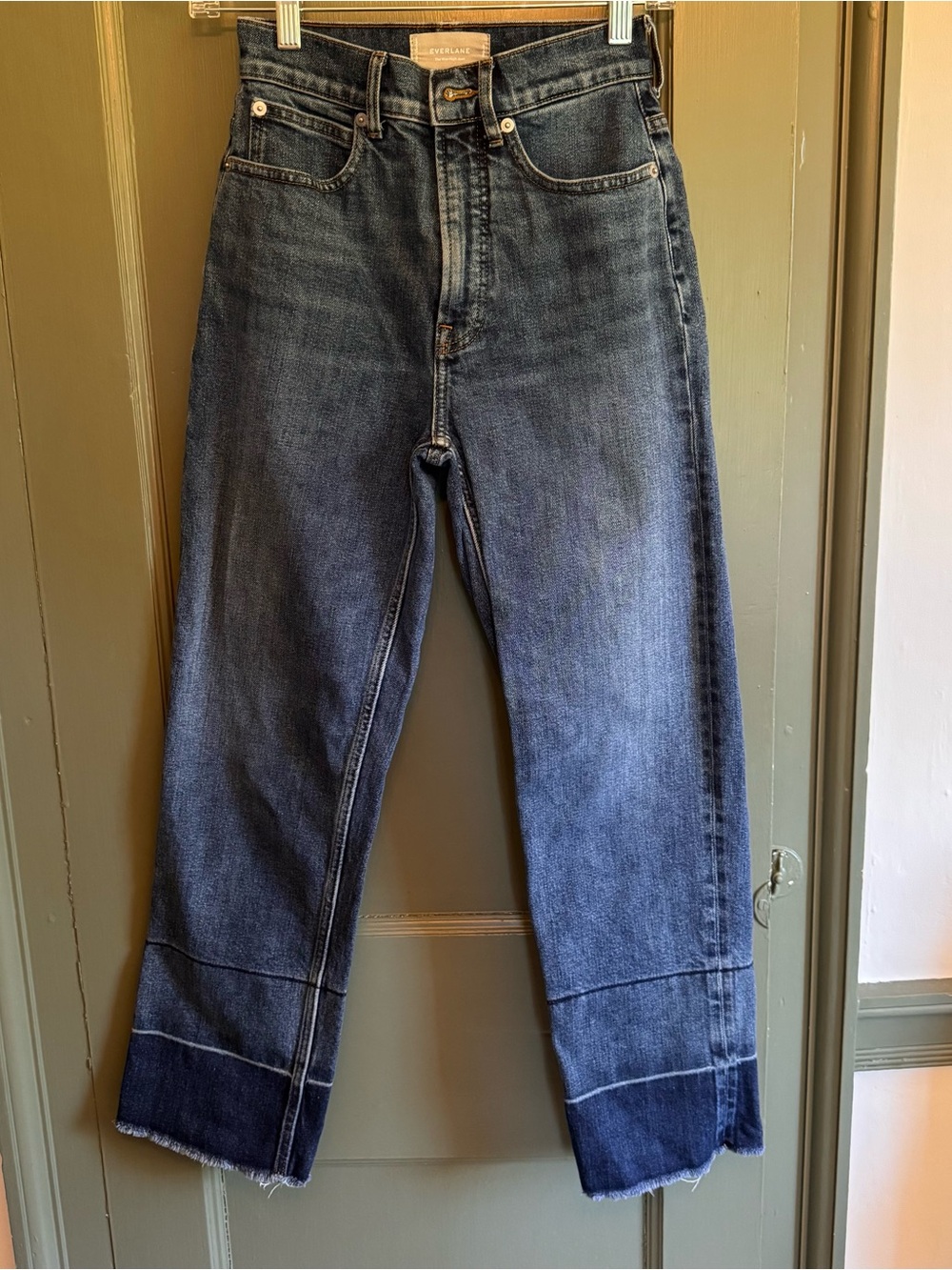 Everlane Way High Cropped Jeans in Dark Wash with Raw Cuffs EUC